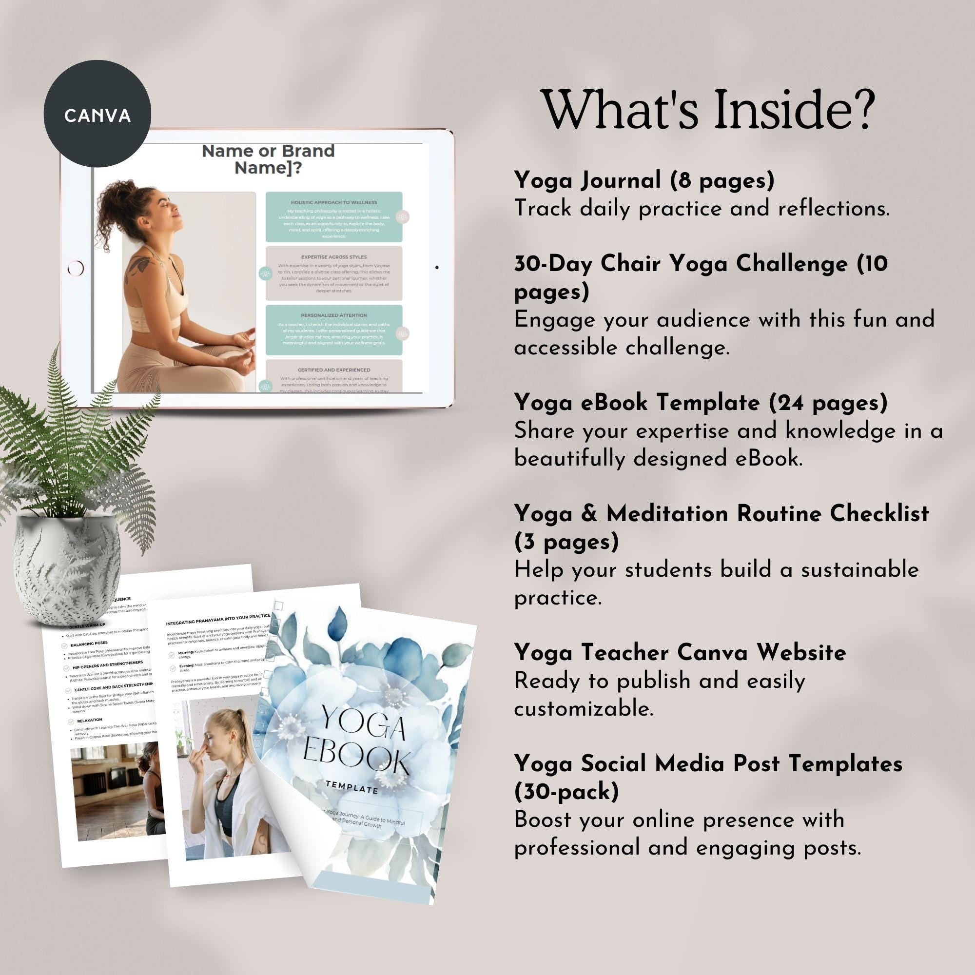 yoga teacher bundle yoga instructor canva templates yoga coach business social media kit wellness marketing materials gift for yoga teacher + 5 Ebooks